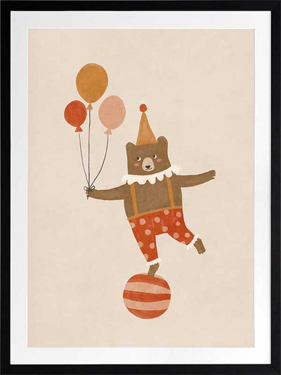 A cheerful bear in circus attire balancing on a ball and holding balloons in neutral and red tones, from the Little Tails Collection by Urban Road.