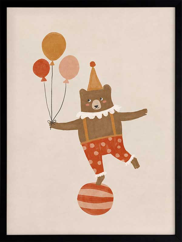 A cheerful bear in circus attire balancing on a ball and holding balloons in neutral and red tones, from the Little Tails Collection by Urban Road.