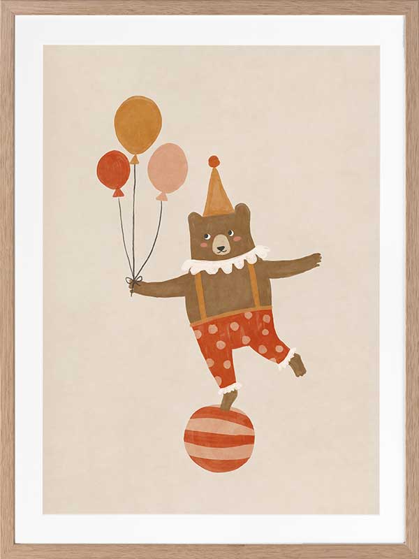 A cheerful bear in circus attire balancing on a ball and holding balloons in neutral and red tones, from the Little Tails Collection by Urban Road.