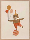 A cheerful bear in circus attire balancing on a ball and holding balloons in neutral and red tones, from the Little Tails Collection by Urban Road.