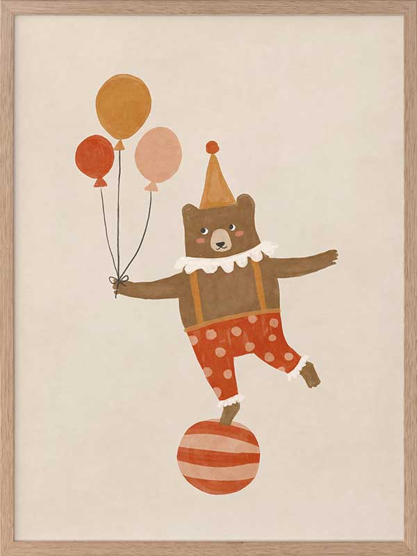 A cheerful bear in circus attire balancing on a ball and holding balloons in neutral and red tones, from the Little Tails Collection by Urban Road.