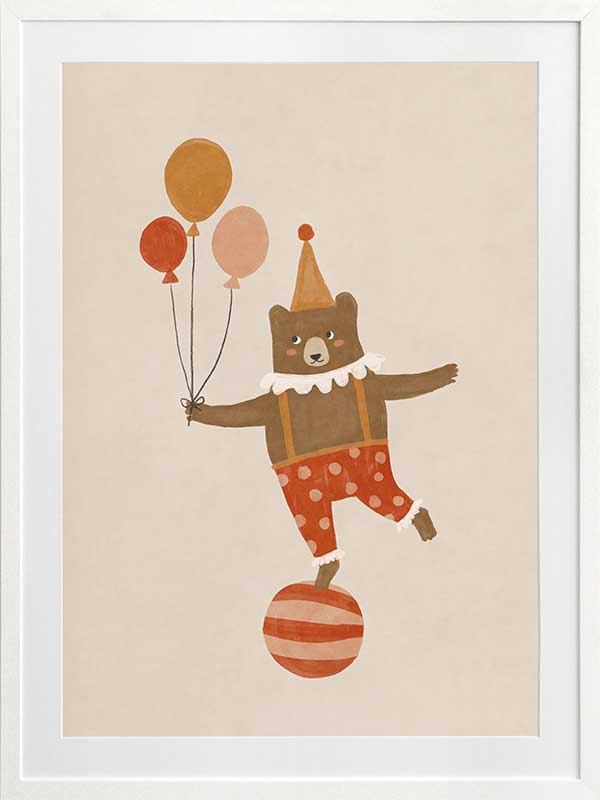 A cheerful bear in circus attire balancing on a ball and holding balloons in neutral and red tones, from the Little Tails Collection by Urban Road.