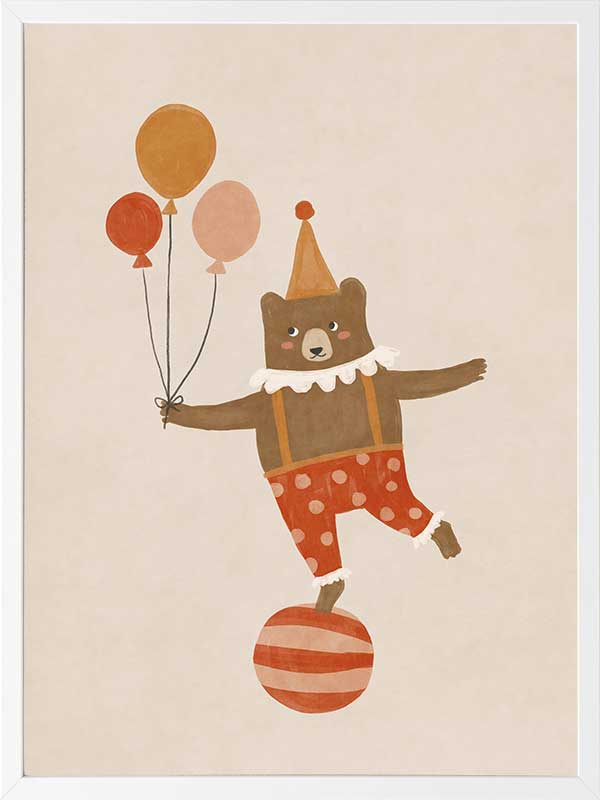 A cheerful bear in circus attire balancing on a ball and holding balloons in neutral and red tones, from the Little Tails Collection by Urban Road.