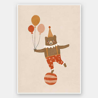 A cheerful bear in circus attire balancing on a ball and holding balloons in neutral and red tones, from the Little Tails Collection by Urban Road.