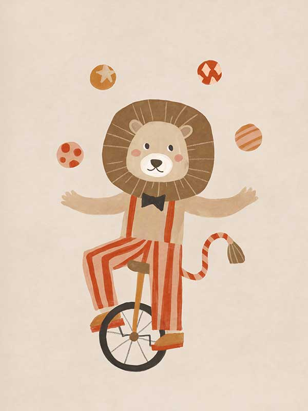 A cute lion rides a unicycle and juggles in striped circus costume with warm neutral reds, from the Little Tails Collection by Urban Road.