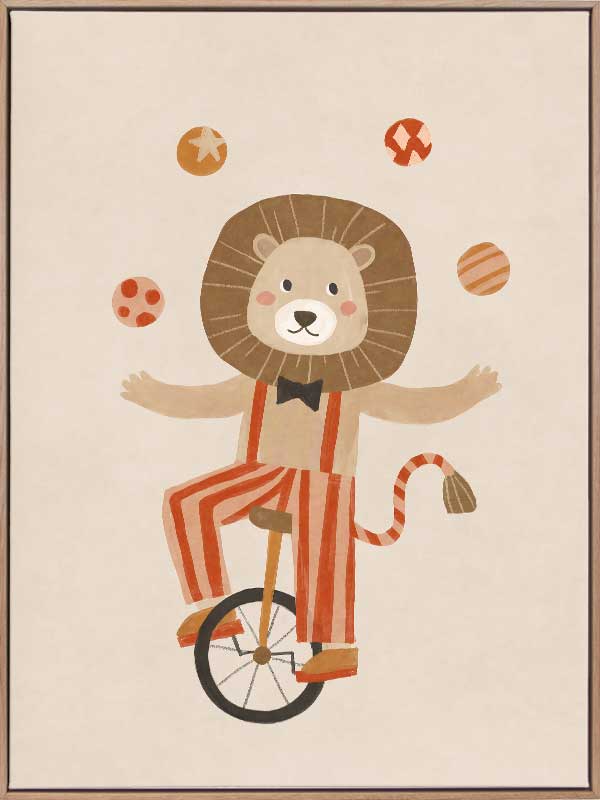 A cute lion rides a unicycle and juggles in striped circus costume with warm neutral reds, from the Little Tails Collection by Urban Road.