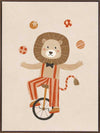 A cute lion rides a unicycle and juggles in striped circus costume with warm neutral reds, from the Little Tails Collection by Urban Road.