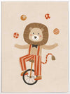 A cute lion rides a unicycle and juggles in striped circus costume with warm neutral reds, from the Little Tails Collection by Urban Road.
