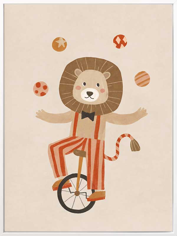 A cute lion rides a unicycle and juggles in striped circus costume with warm neutral reds, from the Little Tails Collection by Urban Road.
