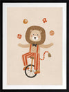 A cute lion rides a unicycle and juggles in striped circus costume with warm neutral reds, from the Little Tails Collection by Urban Road.