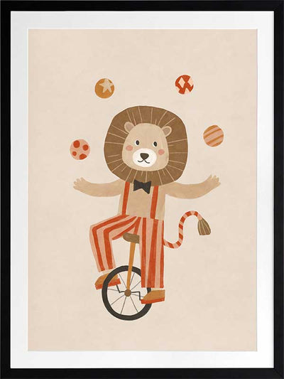 A cute lion rides a unicycle and juggles in striped circus costume with warm neutral reds, from the Little Tails Collection by Urban Road.