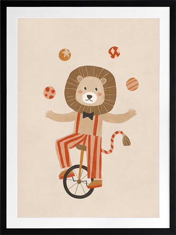 A cute lion rides a unicycle and juggles in striped circus costume with warm neutral reds, from the Little Tails Collection by Urban Road.