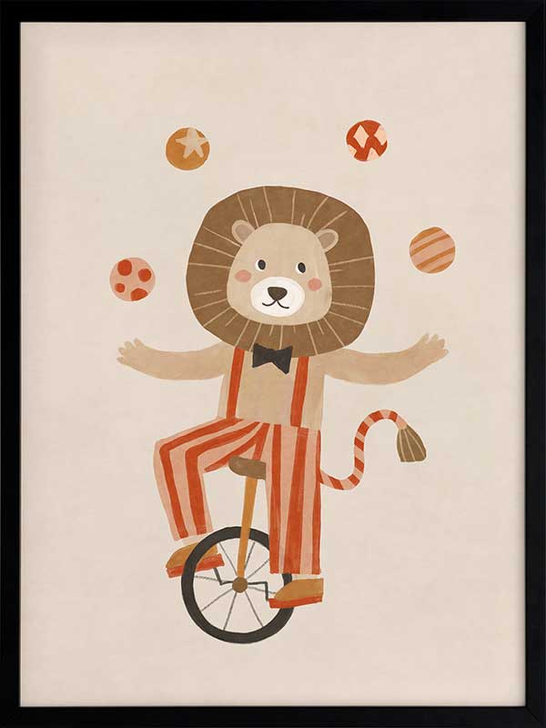 A cute lion rides a unicycle and juggles in striped circus costume with warm neutral reds, from the Little Tails Collection by Urban Road.