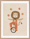 A cute lion rides a unicycle and juggles in striped circus costume with warm neutral reds, from the Little Tails Collection by Urban Road.