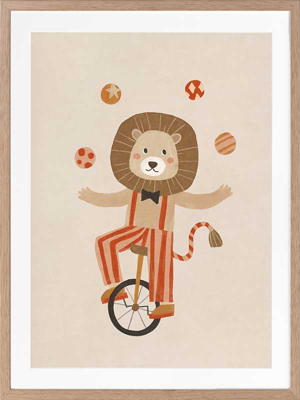 A cute lion rides a unicycle and juggles in striped circus costume with warm neutral reds, from the Little Tails Collection by Urban Road.
