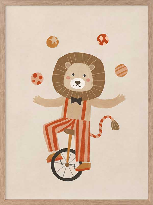 A cute lion rides a unicycle and juggles in striped circus costume with warm neutral reds, from the Little Tails Collection by Urban Road.