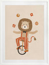 A cute lion rides a unicycle and juggles in striped circus costume with warm neutral reds, from the Little Tails Collection by Urban Road.