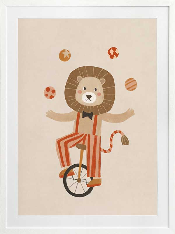 A cute lion rides a unicycle and juggles in striped circus costume with warm neutral reds, from the Little Tails Collection by Urban Road.