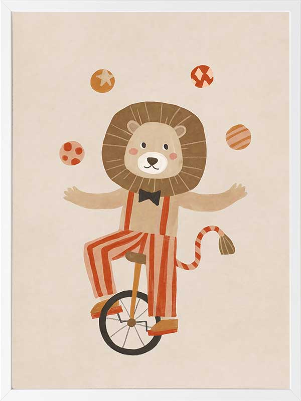 A cute lion rides a unicycle and juggles in striped circus costume with warm neutral reds, from the Little Tails Collection by Urban Road.