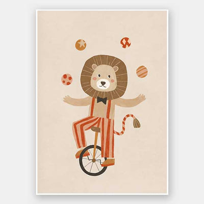 A cute lion rides a unicycle and juggles in striped circus costume with warm neutral reds, from the Little Tails Collection by Urban Road.