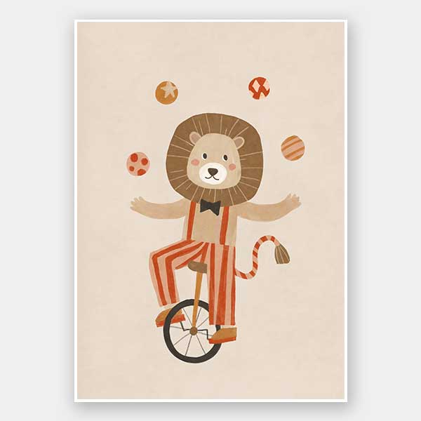 A cute lion rides a unicycle and juggles in striped circus costume with warm neutral reds, from the Little Tails Collection by Urban Road.