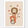 A cute lion rides a unicycle and juggles in striped circus costume with warm neutral reds, from the Little Tails Collection by Urban Road.