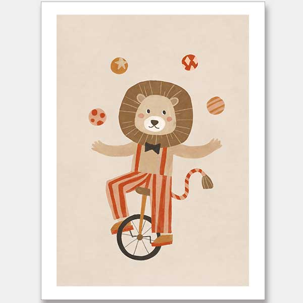 A cute lion rides a unicycle and juggles in striped circus costume with warm neutral reds, from the Little Tails Collection by Urban Road.