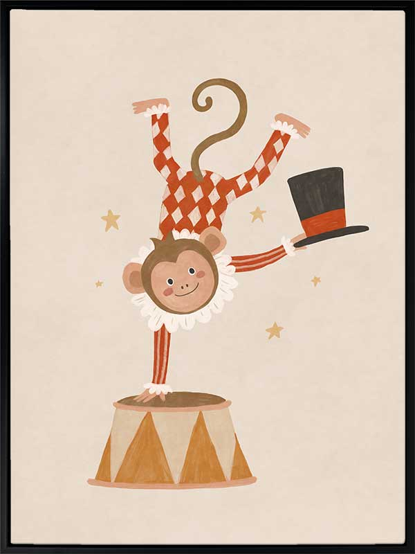 An acrobatic monkey does a handstand on a circus pedestal with a floating top hat and confetti, in neutral red accents, from the Little Tails Collection by Urban Road.
