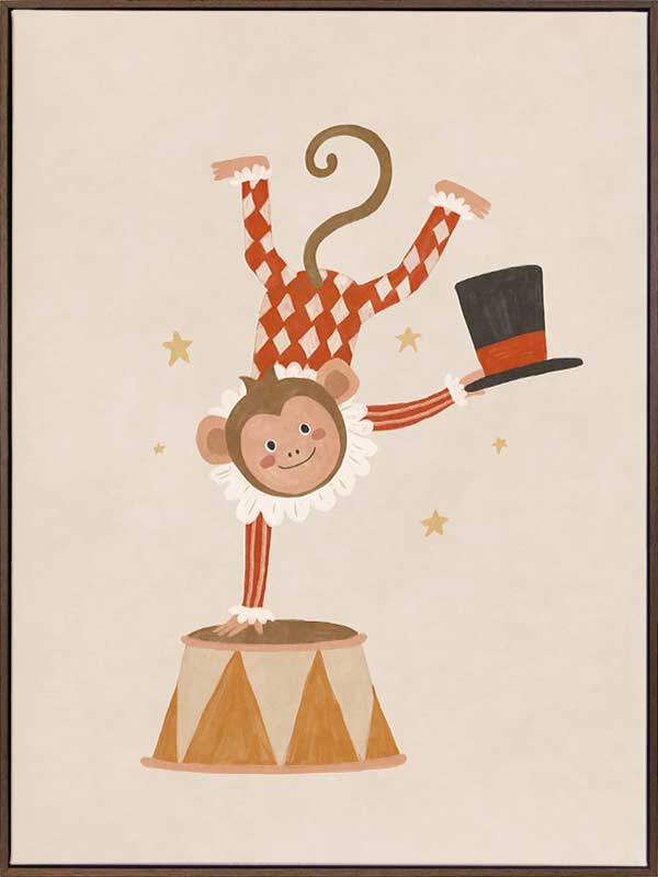 An acrobatic monkey does a handstand on a circus pedestal with a floating top hat and confetti, in neutral red accents, from the Little Tails Collection by Urban Road.