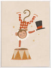 An acrobatic monkey does a handstand on a circus pedestal with a floating top hat and confetti, in neutral red accents, from the Little Tails Collection by Urban Road.