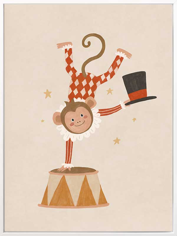 An acrobatic monkey does a handstand on a circus pedestal with a floating top hat and confetti, in neutral red accents, from the Little Tails Collection by Urban Road.