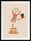 An acrobatic monkey does a handstand on a circus pedestal with a floating top hat and confetti, in neutral red accents, from the Little Tails Collection by Urban Road.