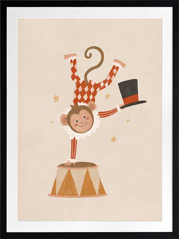 An acrobatic monkey does a handstand on a circus pedestal with a floating top hat and confetti, in neutral red accents, from the Little Tails Collection by Urban Road.