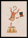An acrobatic monkey does a handstand on a circus pedestal with a floating top hat and confetti, in neutral red accents, from the Little Tails Collection by Urban Road.