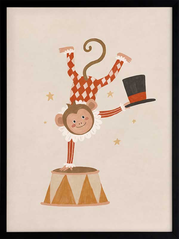 An acrobatic monkey does a handstand on a circus pedestal with a floating top hat and confetti, in neutral red accents, from the Little Tails Collection by Urban Road.