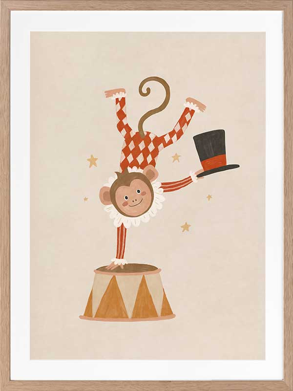 An acrobatic monkey does a handstand on a circus pedestal with a floating top hat and confetti, in neutral red accents, from the Little Tails Collection by Urban Road.