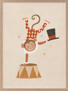 An acrobatic monkey does a handstand on a circus pedestal with a floating top hat and confetti, in neutral red accents, from the Little Tails Collection by Urban Road.