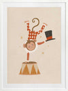 An acrobatic monkey does a handstand on a circus pedestal with a floating top hat and confetti, in neutral red accents, from the Little Tails Collection by Urban Road.