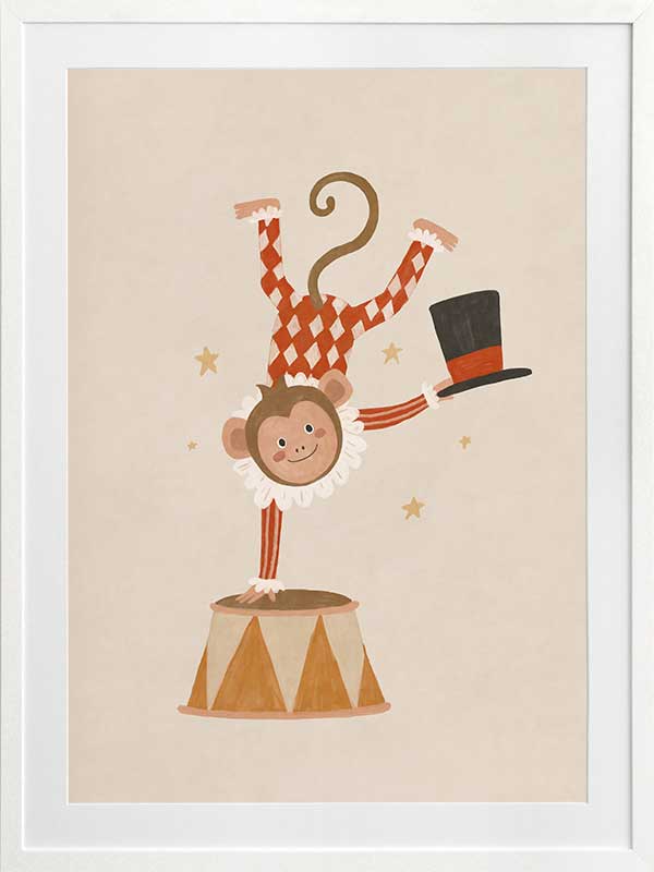 An acrobatic monkey does a handstand on a circus pedestal with a floating top hat and confetti, in neutral red accents, from the Little Tails Collection by Urban Road.