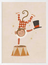 An acrobatic monkey does a handstand on a circus pedestal with a floating top hat and confetti, in neutral red accents, from the Little Tails Collection by Urban Road.