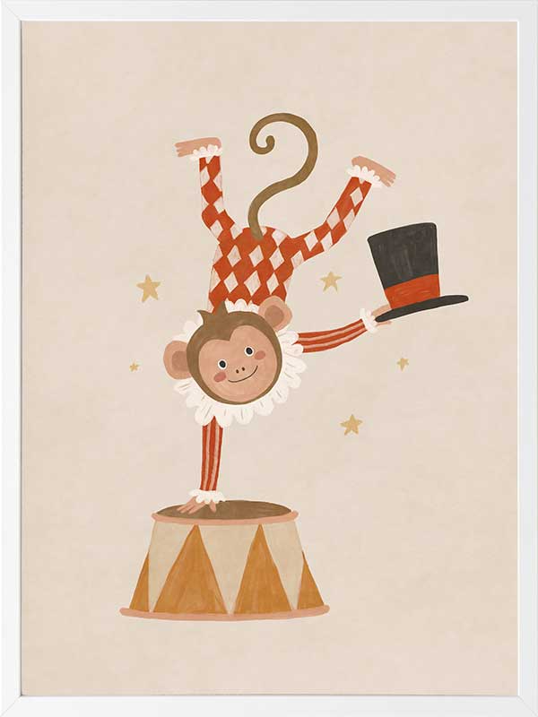 An acrobatic monkey does a handstand on a circus pedestal with a floating top hat and confetti, in neutral red accents, from the Little Tails Collection by Urban Road.