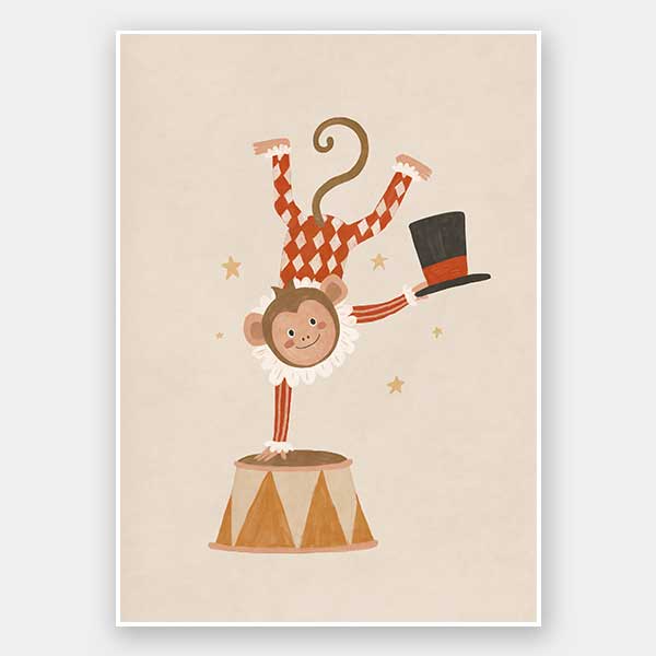 An acrobatic monkey does a handstand on a circus pedestal with a floating top hat and confetti, in neutral red accents, from the Little Tails Collection by Urban Road.