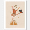 An acrobatic monkey does a handstand on a circus pedestal with a floating top hat and confetti, in neutral red accents, from the Little Tails Collection by Urban Road.