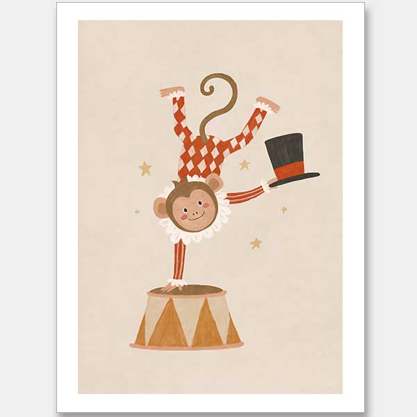 An acrobatic monkey does a handstand on a circus pedestal with a floating top hat and confetti, in neutral red accents, from the Little Tails Collection by Urban Road.
