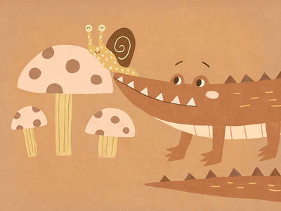 A smiling crocodile meets a curious snail among large mushrooms in warm brown-orange tones, from the Little Tails Collection by Urban Road.
