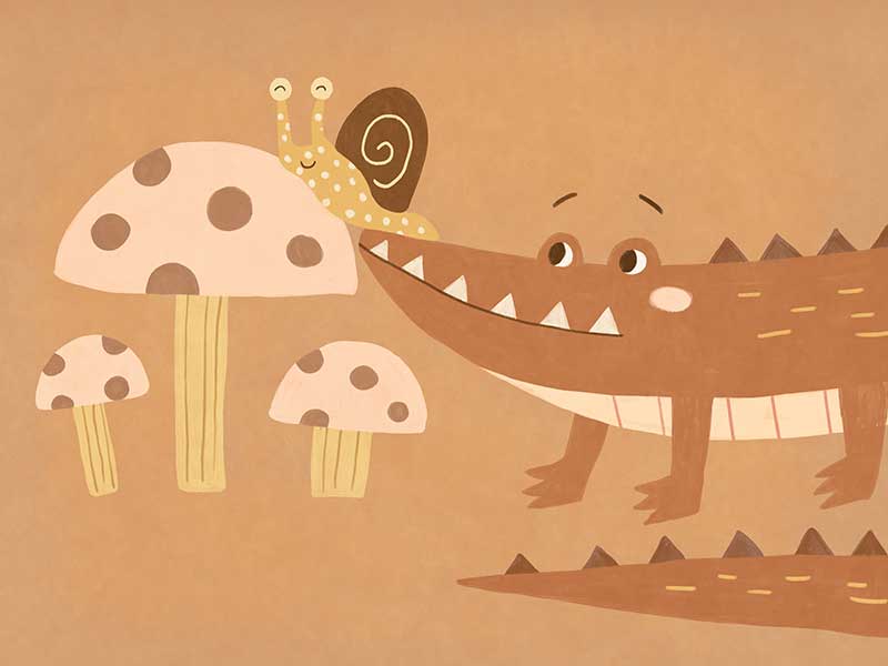 A smiling crocodile meets a curious snail among large mushrooms in warm brown-orange tones, from the Little Tails Collection by Urban Road.