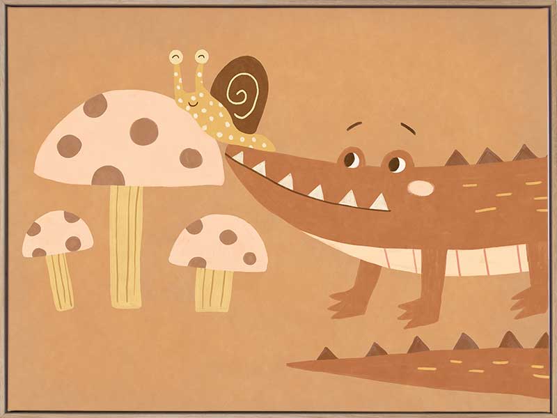 A smiling crocodile meets a curious snail among large mushrooms in warm brown-orange tones, from the Little Tails Collection by Urban Road.