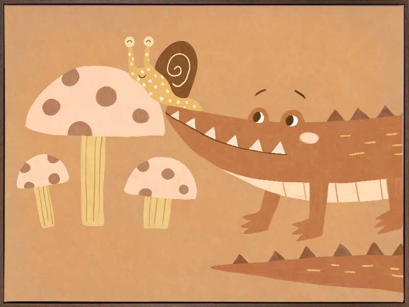 A smiling crocodile meets a curious snail among large mushrooms in warm brown-orange tones, from the Little Tails Collection by Urban Road.