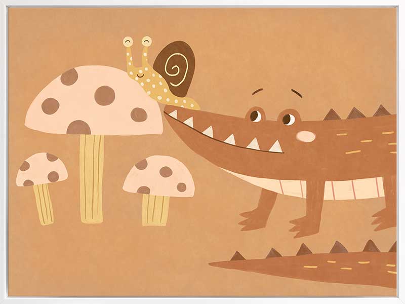 A smiling crocodile meets a curious snail among large mushrooms in warm brown-orange tones, from the Little Tails Collection by Urban Road.