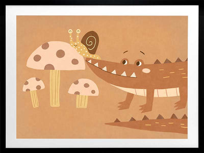 A smiling crocodile meets a curious snail among large mushrooms in warm brown-orange tones, from the Little Tails Collection by Urban Road.